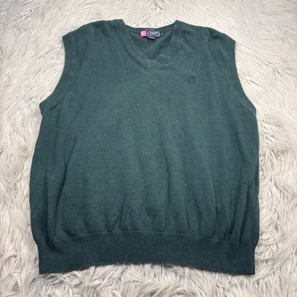 Vintage Ralph Lauren Chaps Men's L Green V-Neck Cotton Sweater Vest Preppy